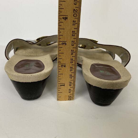 Ros Hommerson Sandals 9 M Brown Tortoise Patent Leather Gold Trim Open Toe Wedge - Picture 6 of 9